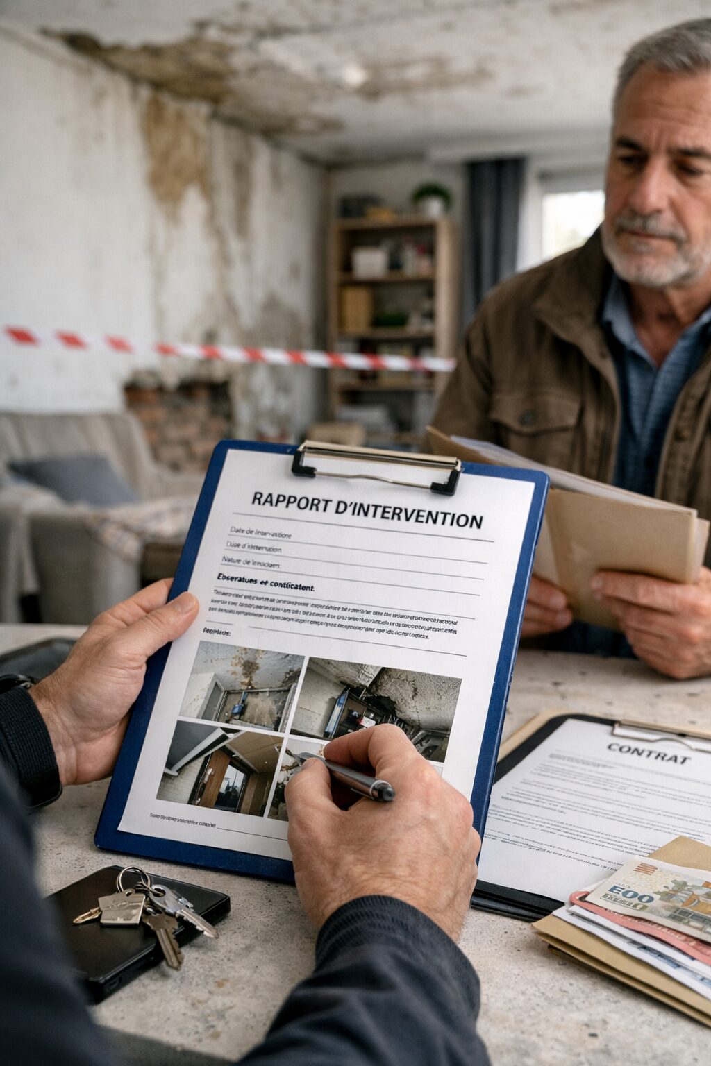 Professionnel examinant un rapport d’intervention dans un logement endommagé par un dégât des eaux pour un dossier d’assurance, de notaire ou de bailleur