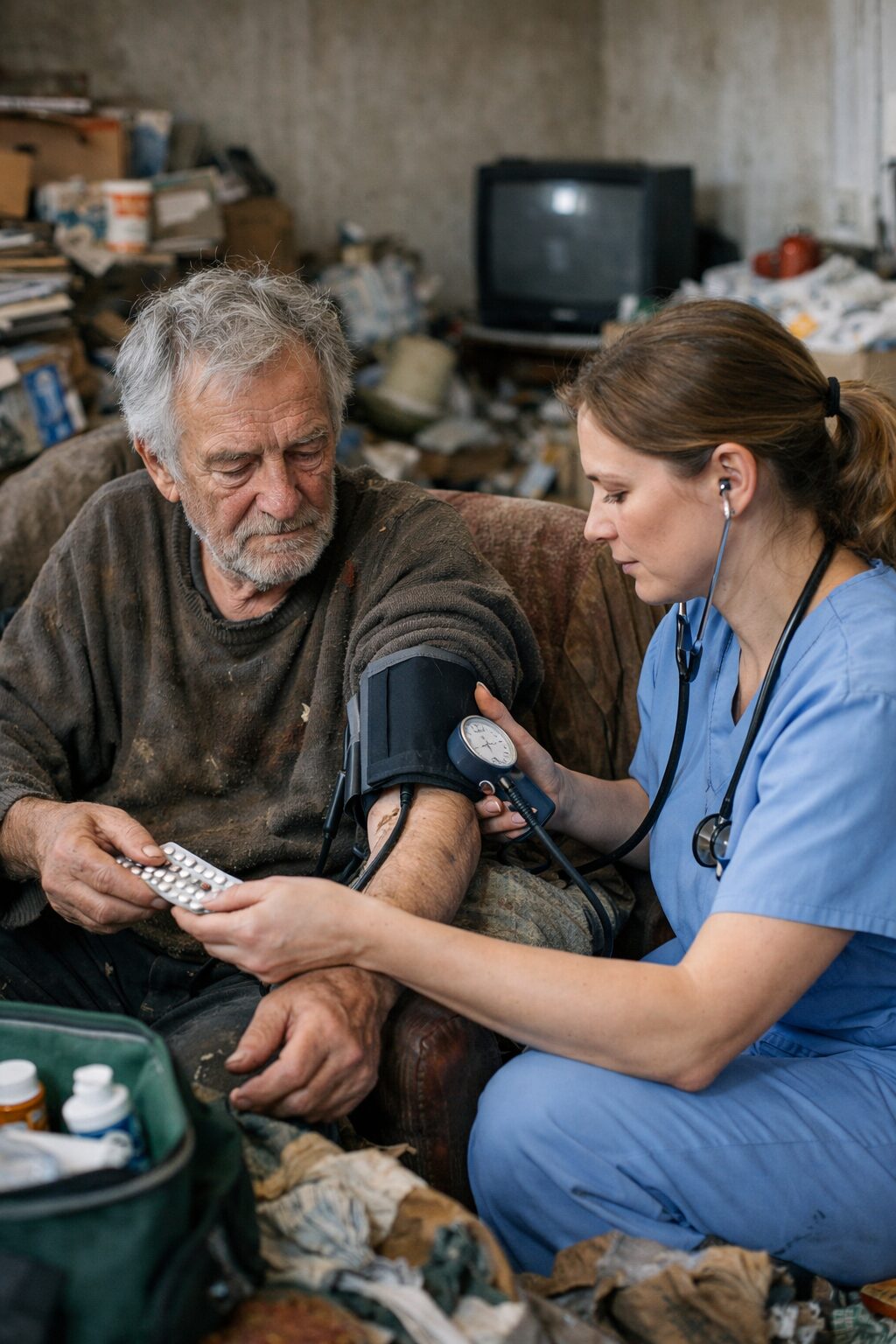Patient atteint du syndrome de Diogène acceptant un soin médical ponctuel à domicile dans un logement très encombré