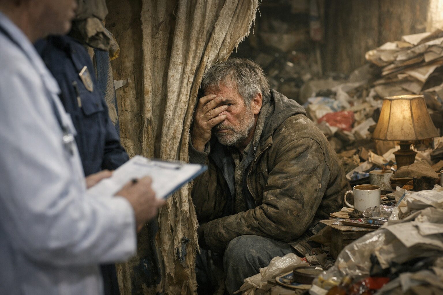 Personne vivant avec le syndrome de Diogène, isolée dans un logement très encombré, illustrant la honte, la dissimulation et la peur d’être interné