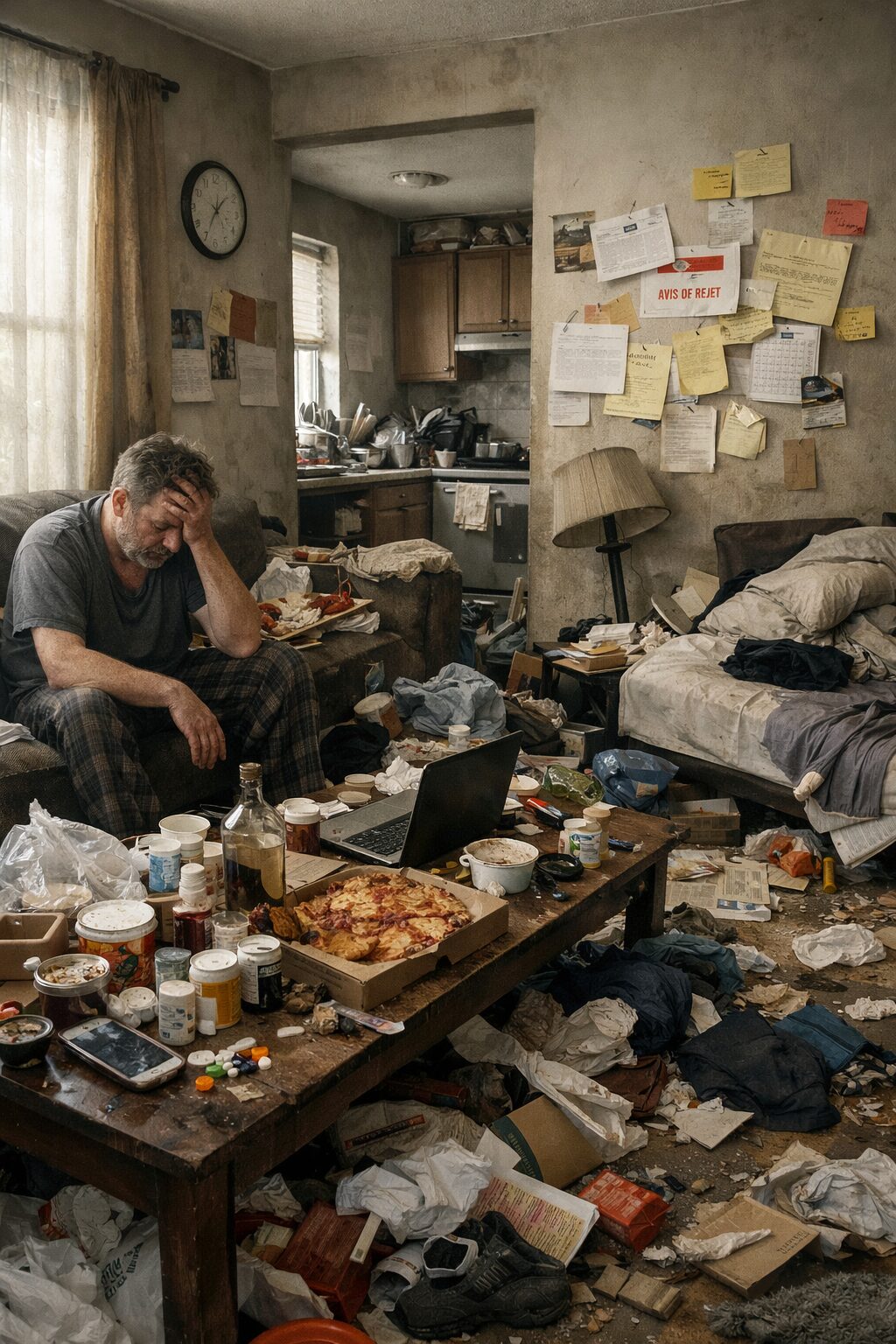 Patient assis dans un logement très encombré montrant une désorganisation globale de son existence, avec accumulation d’objets, papiers, déchets et espace de vie dégradé.