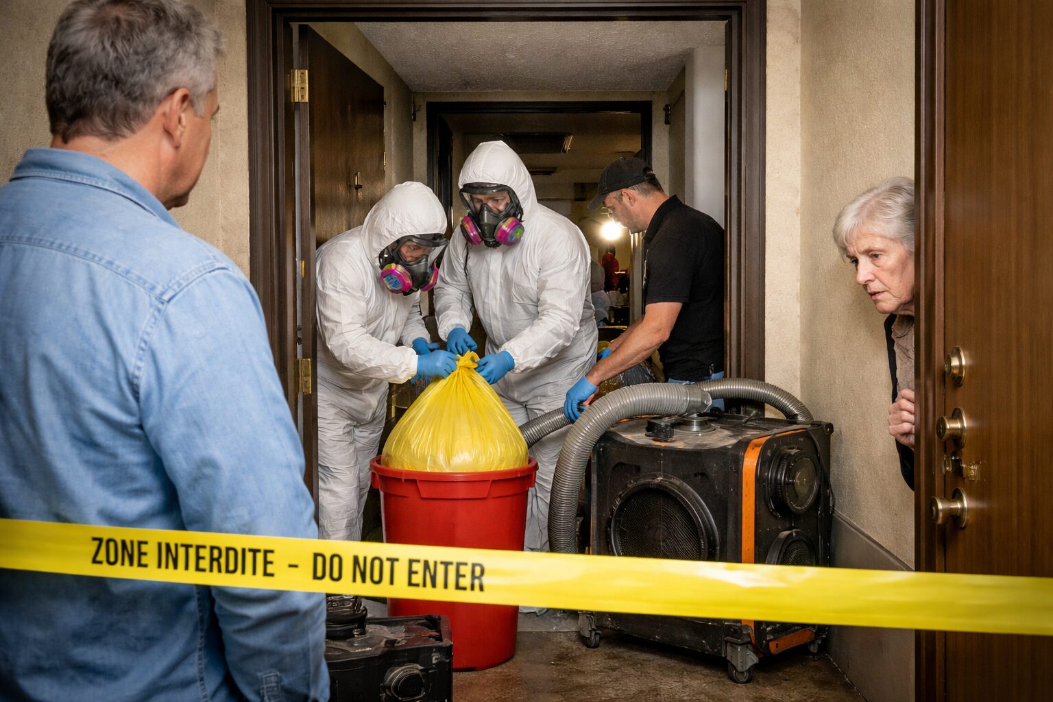 Intervention en copropriété après décès avec fortes odeurs dans un immeuble, confinement de la zone et gestion du voisinage par des professionnels spécialisés