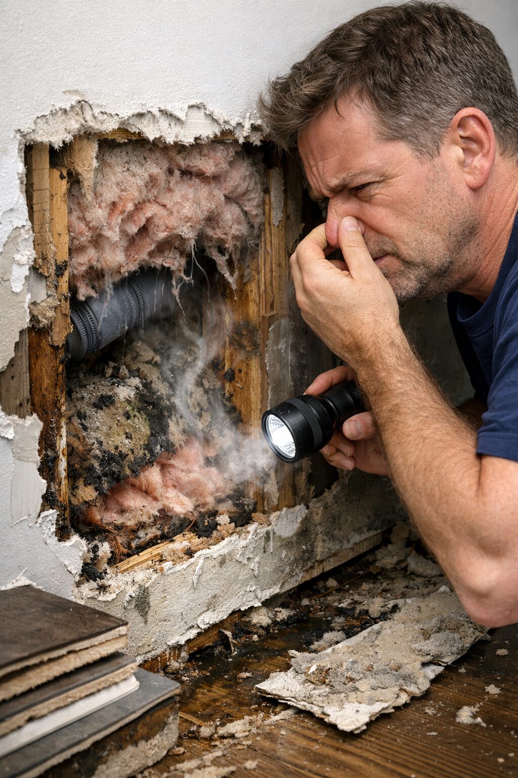 Inspection d’un mur ouvert avec isolation dégradée pour identifier une odeur qui revient 48h après nettoyage