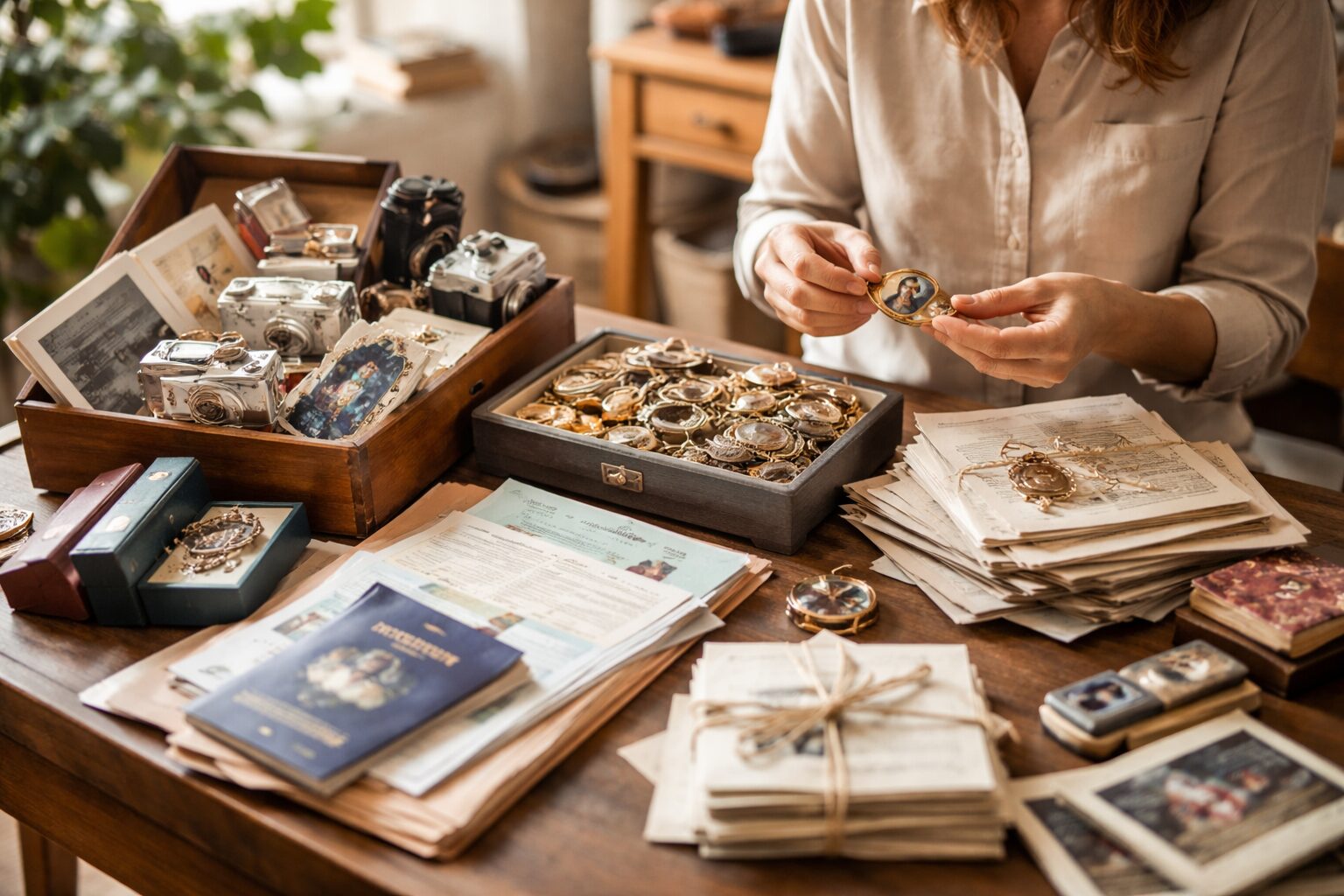 Tri rapide d’objets de valeur avec bijoux, papiers importants et souvenirs soigneusement séparés sur une table