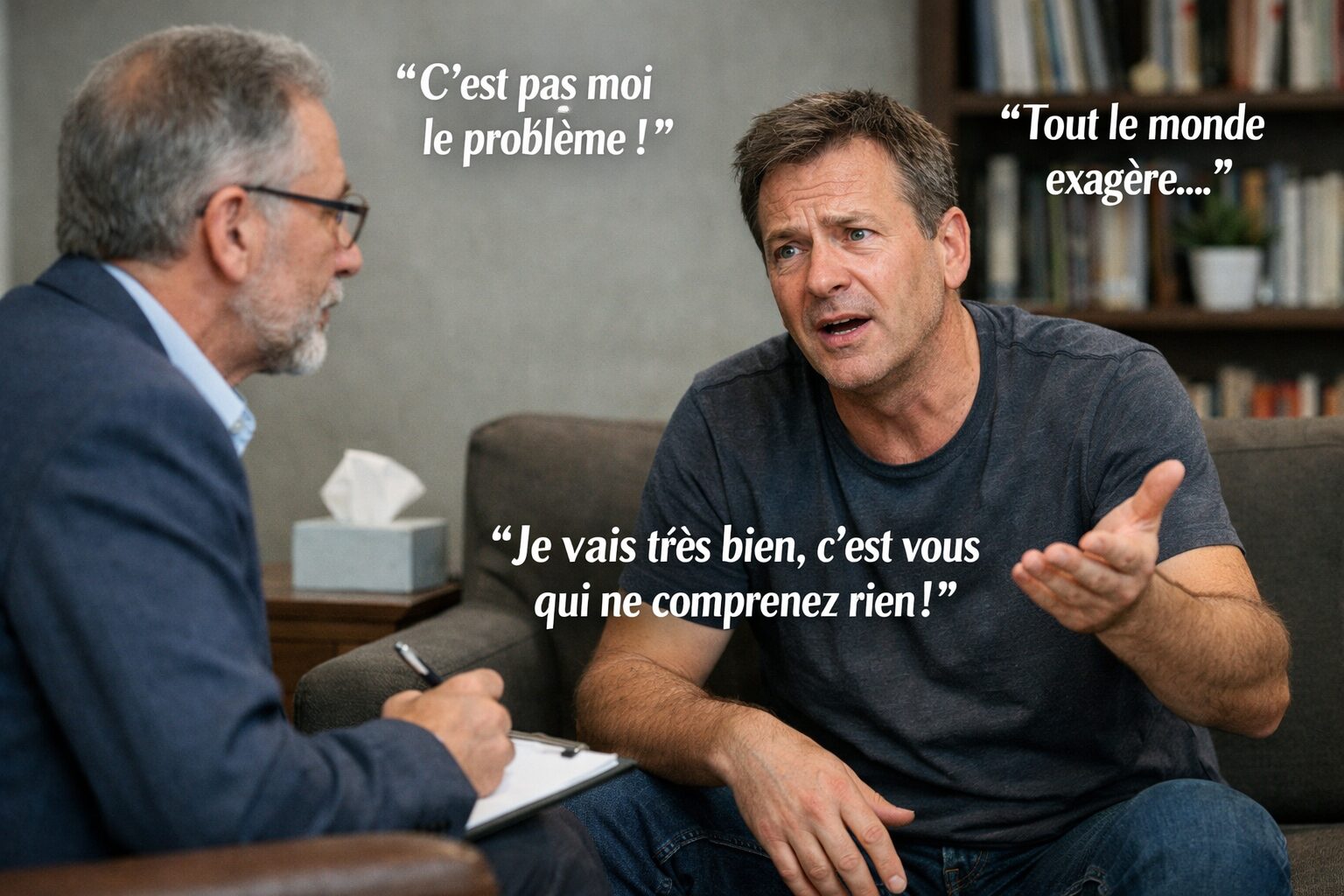 Consultation médicale réaliste entre un professionnel de santé et un patient dont le discours évoque un déni pathologique
