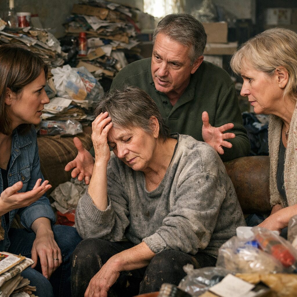 Famille échangeant avec une femme en situation de syndrome de Diogène dans un logement très encombré et insalubre