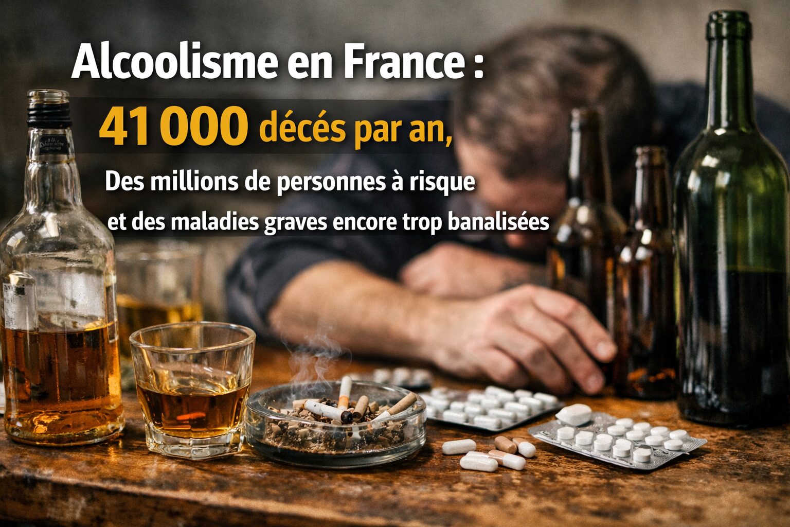 Campagne de sensibilisation sur l’alcoolisme en France avec bouteilles d’alcool et message indiquant 41 000 décès par an.