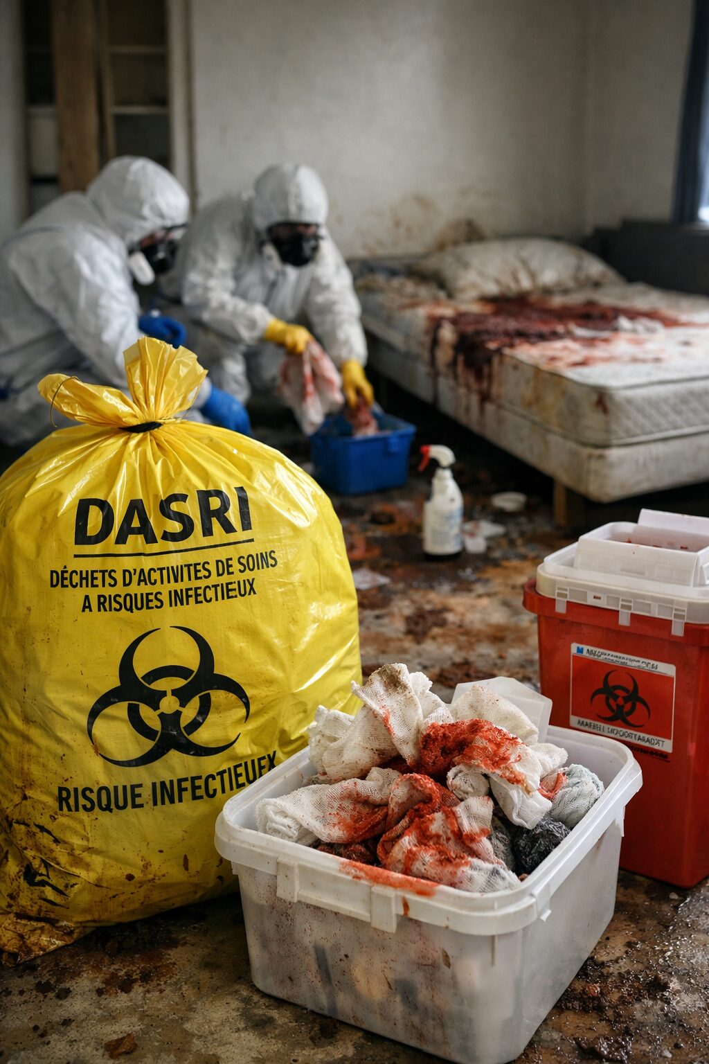 Déchets DASRI collectés lors d’un nettoyage post-mortem avec sac jaune, collecteur sécurisé et intervenants en tenue de protection