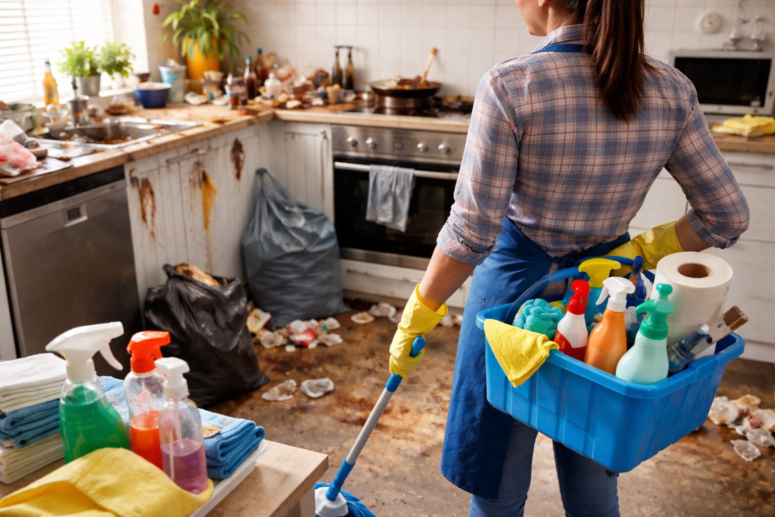 Personne en gants jaunes et tablier bleu nettoyant une cuisine très sale avec un seau de produits et des microfibres, afin de ne pas transférer la saleté vers les zones propres.