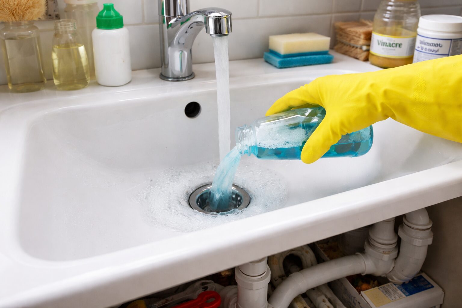 Main avec gant jaune versant un produit nettoyant dans la bonde d’un évier, avec siphon et canalisations visibles sous l’évier.