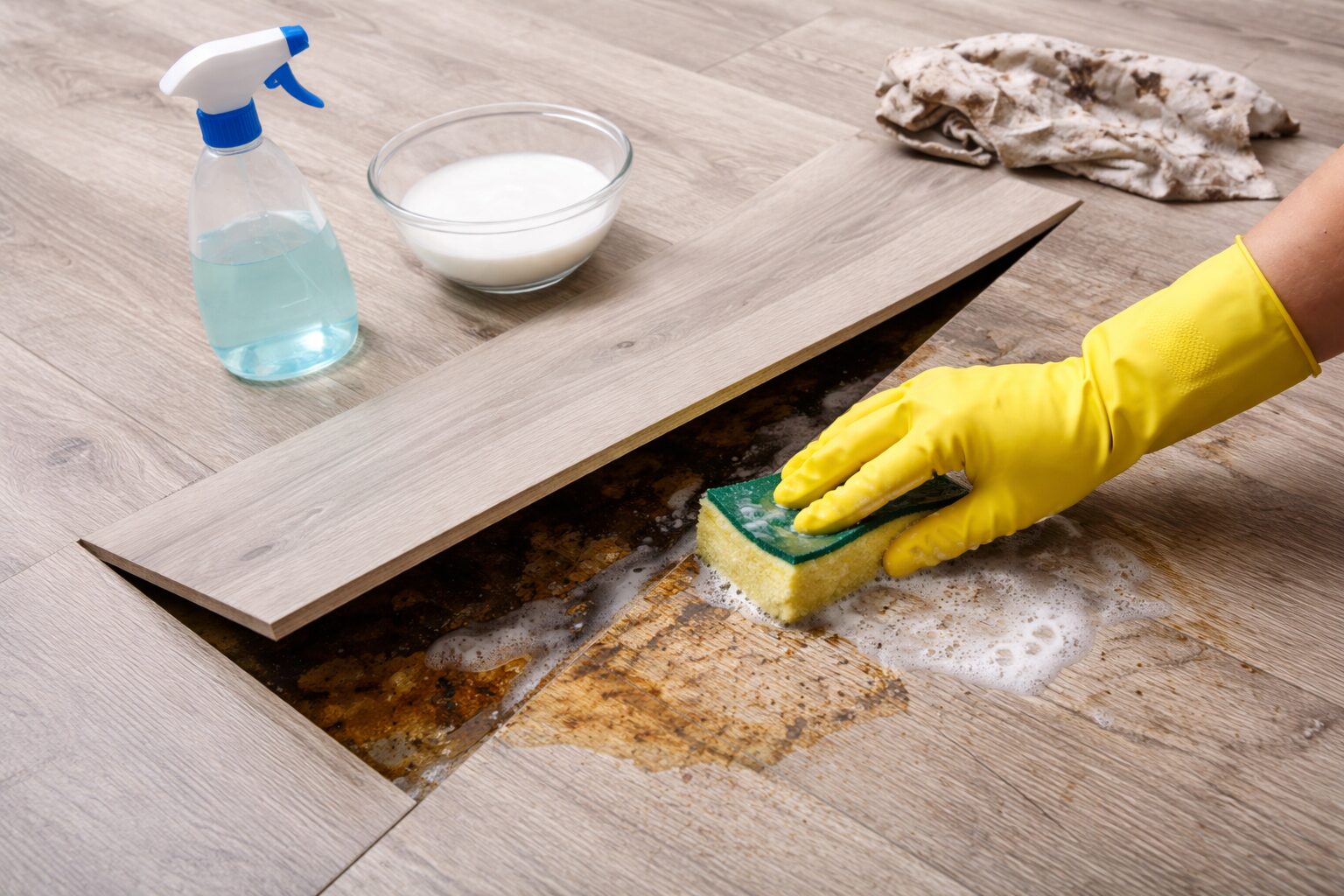 Main avec gant jaune nettoyant la sous-couche visible sous des lames de sol stratifié soulevées, avec tache incrustée et produits de nettoyage à proximité.