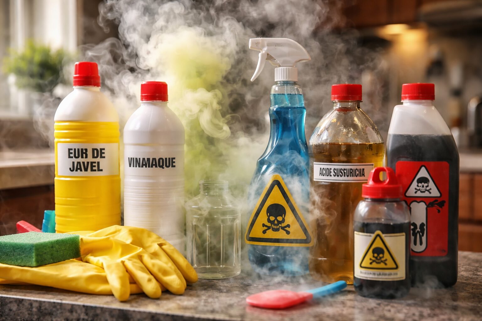Bouteilles de produits ménagers (eau de Javel, vinaigre, nettoyant) posées sur un plan de travail, avec pictogrammes de danger et vapeurs visibles illustrant le risque toxique lors de mélanges.