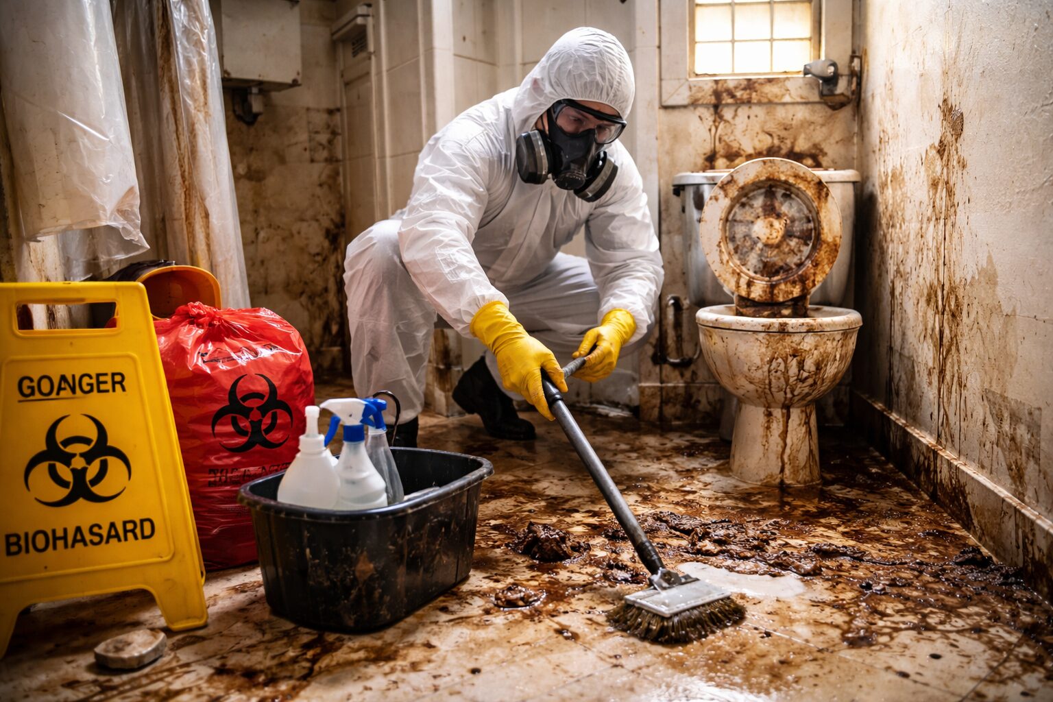 Professionnel en combinaison de protection nettoyant un sol très souillé dans une salle de bain insalubre, avec matériel de désinfection et signalisation de risque biologique