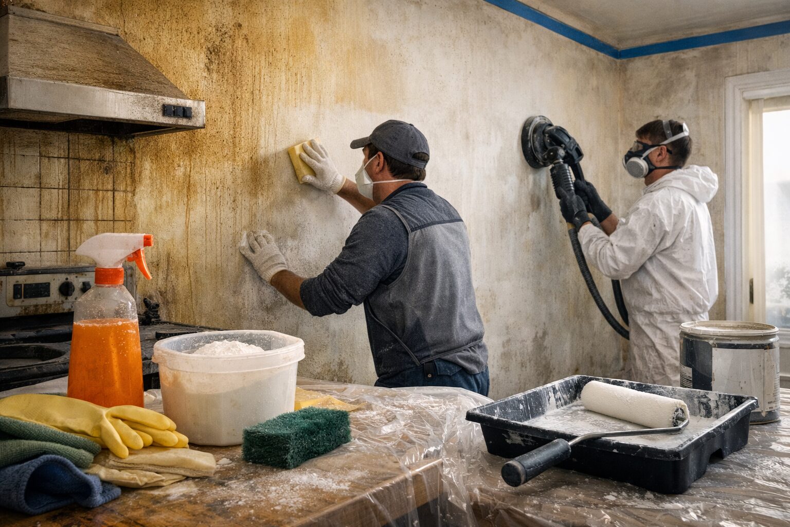 Nettoyage et préparation de murs gras jaunis par la nicotine et la cuisine avant peinture et remise en location