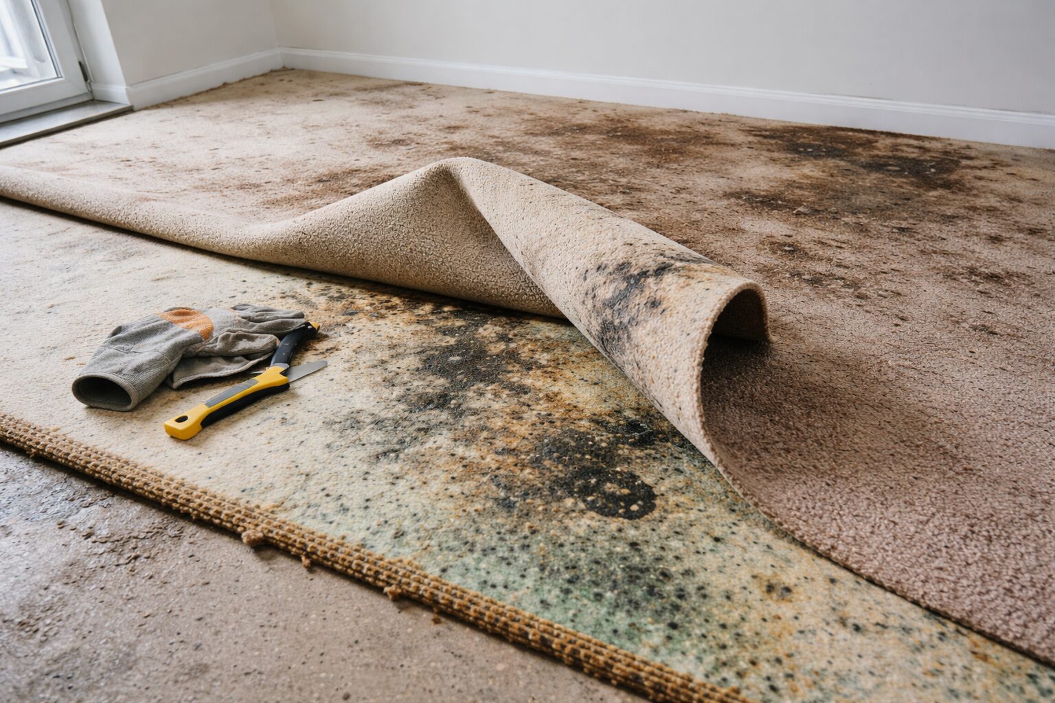 Moquette beige soulevée dans une pièce, révélant une sous-couche tachée et des traces d’humidité au sol, avec des gants et un cutter posés à côté.