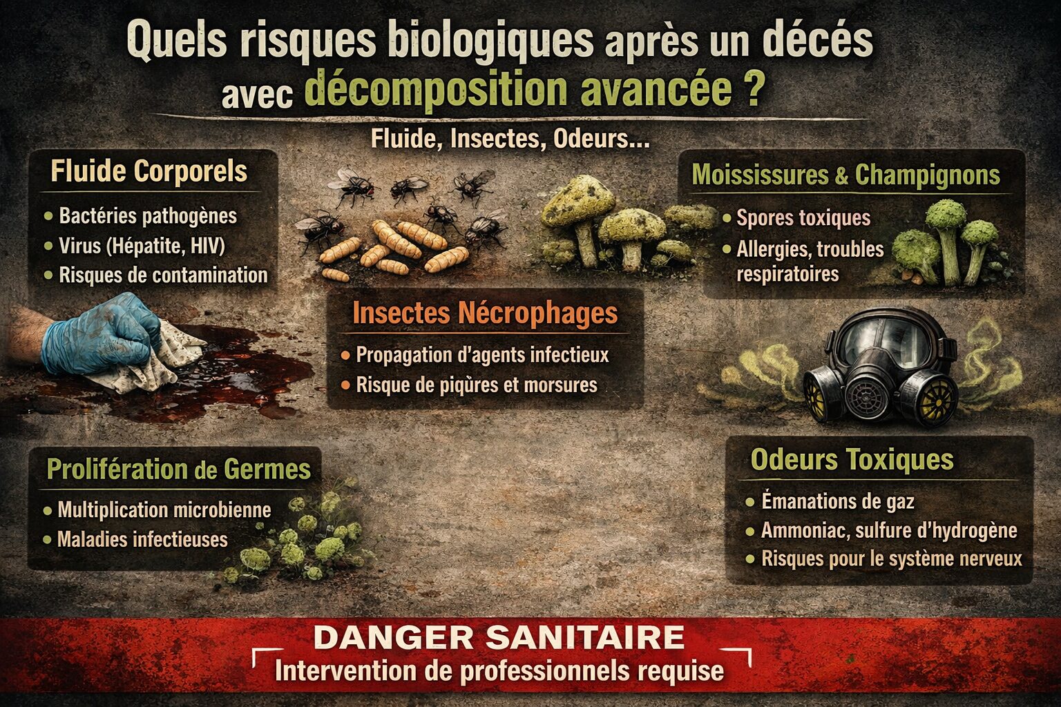 Infographie horizontale sur les risques biologiques après un décès avec décomposition avancée : fluides corporels, insectes nécrophages, moisissures, prolifération de germes et odeurs toxiques.