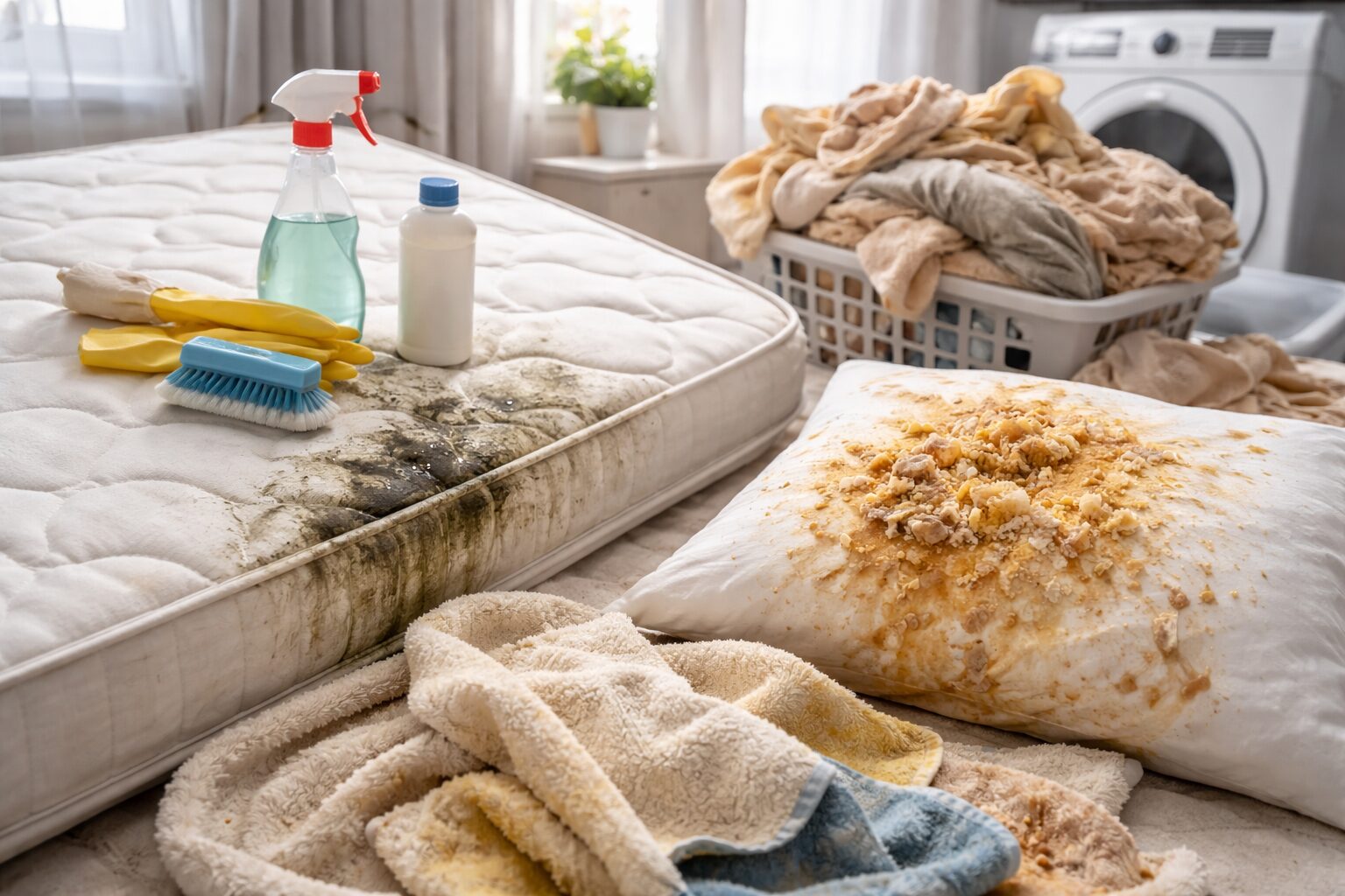Scène réaliste montrant un matelas taché, un oreiller souillé et du linge sale près d’une machine à laver avec des produits de nettoyage.