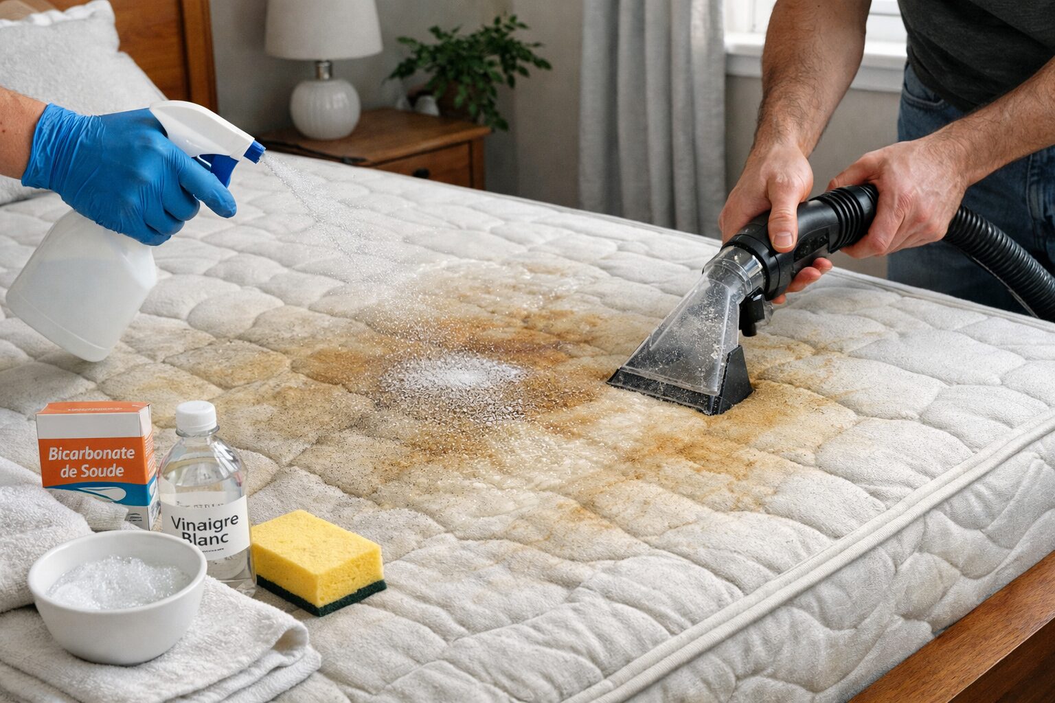 Nettoyage d’un matelas souillé avec bicarbonate, vinaigre blanc et injecteur extracteur pour évaluer s’il peut être assaini ou doit être remplacé