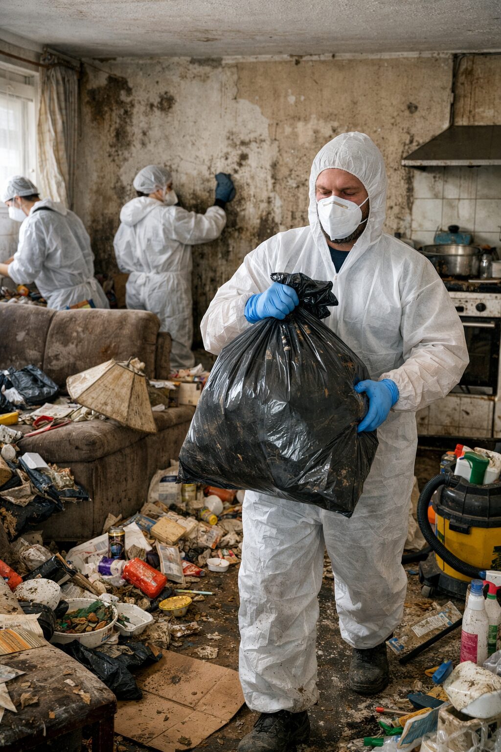 Équipe de nettoyage spécialisée intervenant dans un logement insalubre pour une remise en état après syndrome de Noé