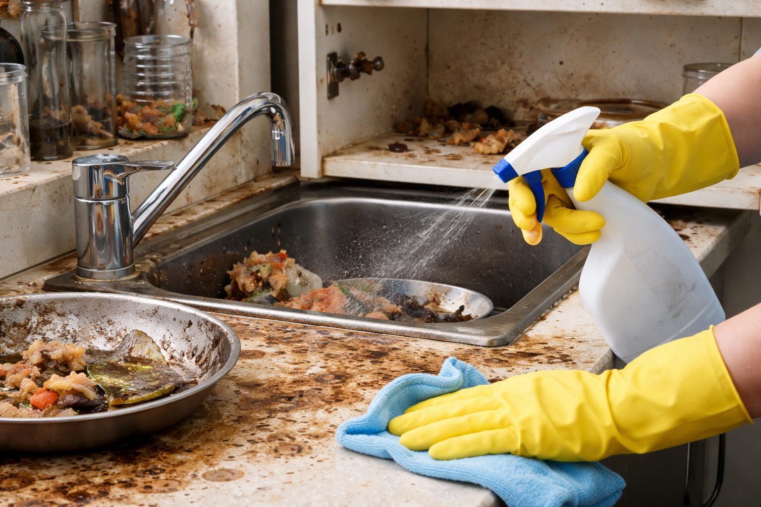 Nettoyage et désinfection d’une cuisine contaminée par des animaux avec plan de travail, évier et placards souillés