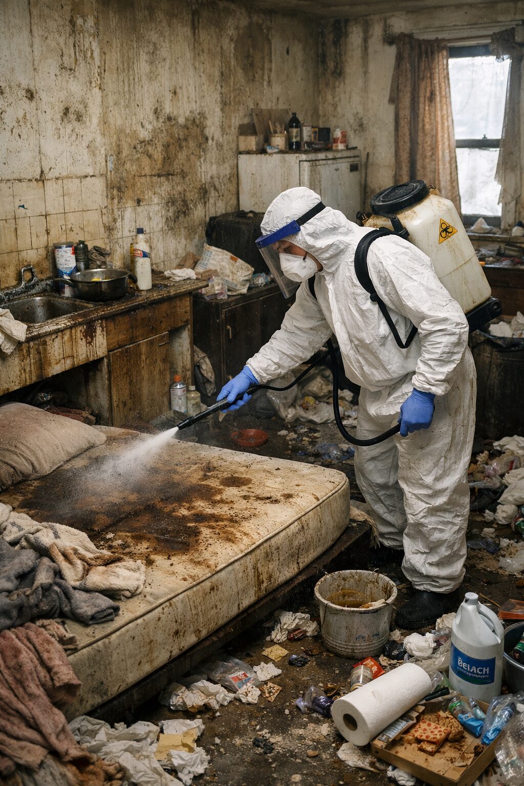 Technicien en combinaison de protection réalisant une désinfection après gastro ou virus dans un logement insalubre très dégradé