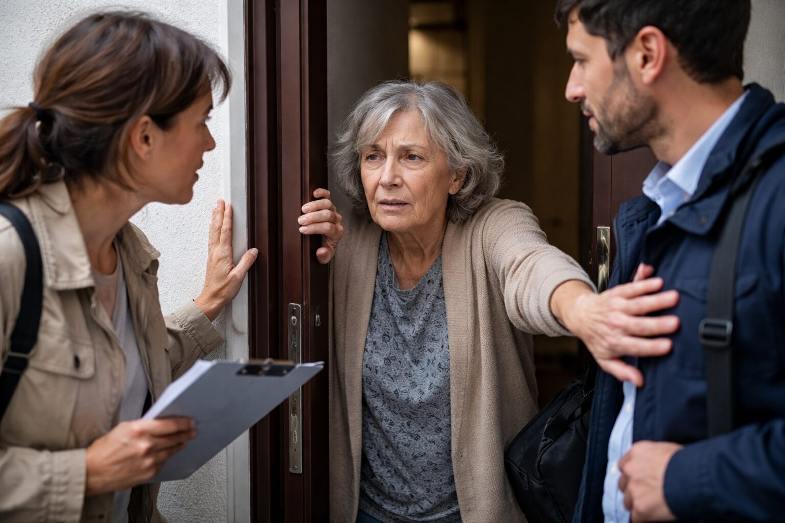 Personne âgée désorientée refusant l’accès à son logement face à deux intervenants à domicile
