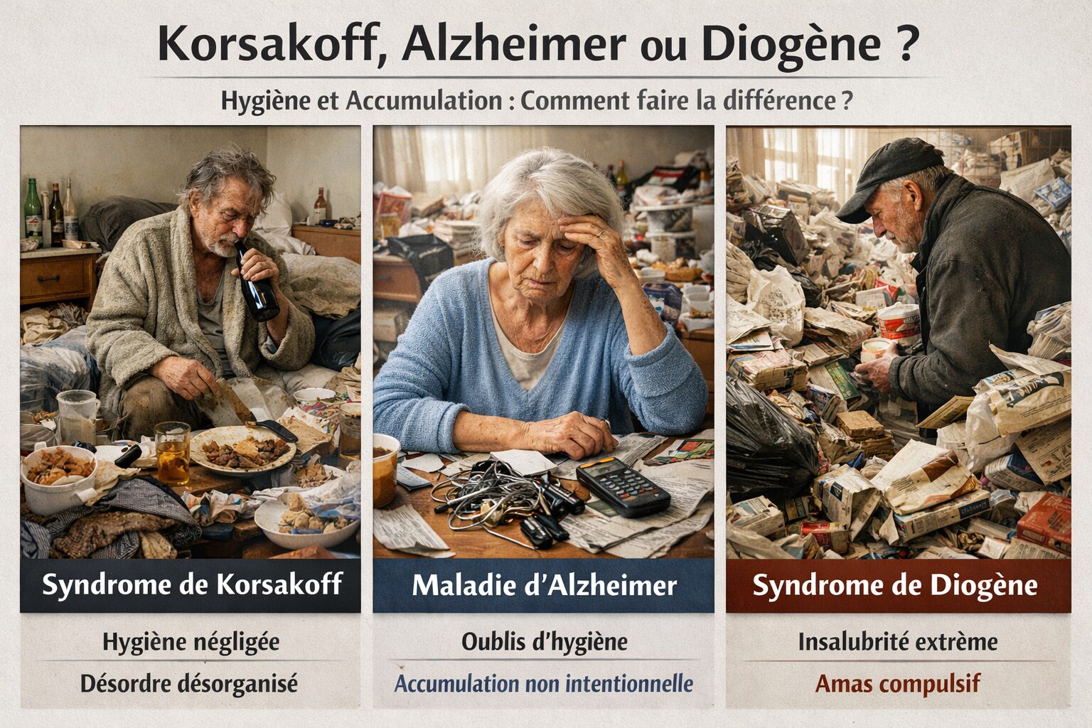 Illustration réaliste comparant le syndrome de Korsakoff, la maladie d’Alzheimer et le syndrome de Diogène face aux troubles d’hygiène et à l’accumulation au domicile