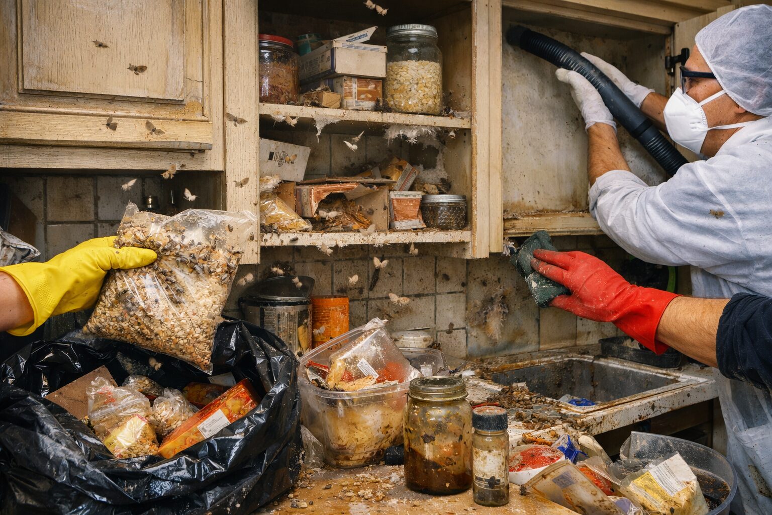 Infestation de mites alimentaires dans une cuisine très sale avec inspection des placards, des denrées sèches et nettoyage en profondeur