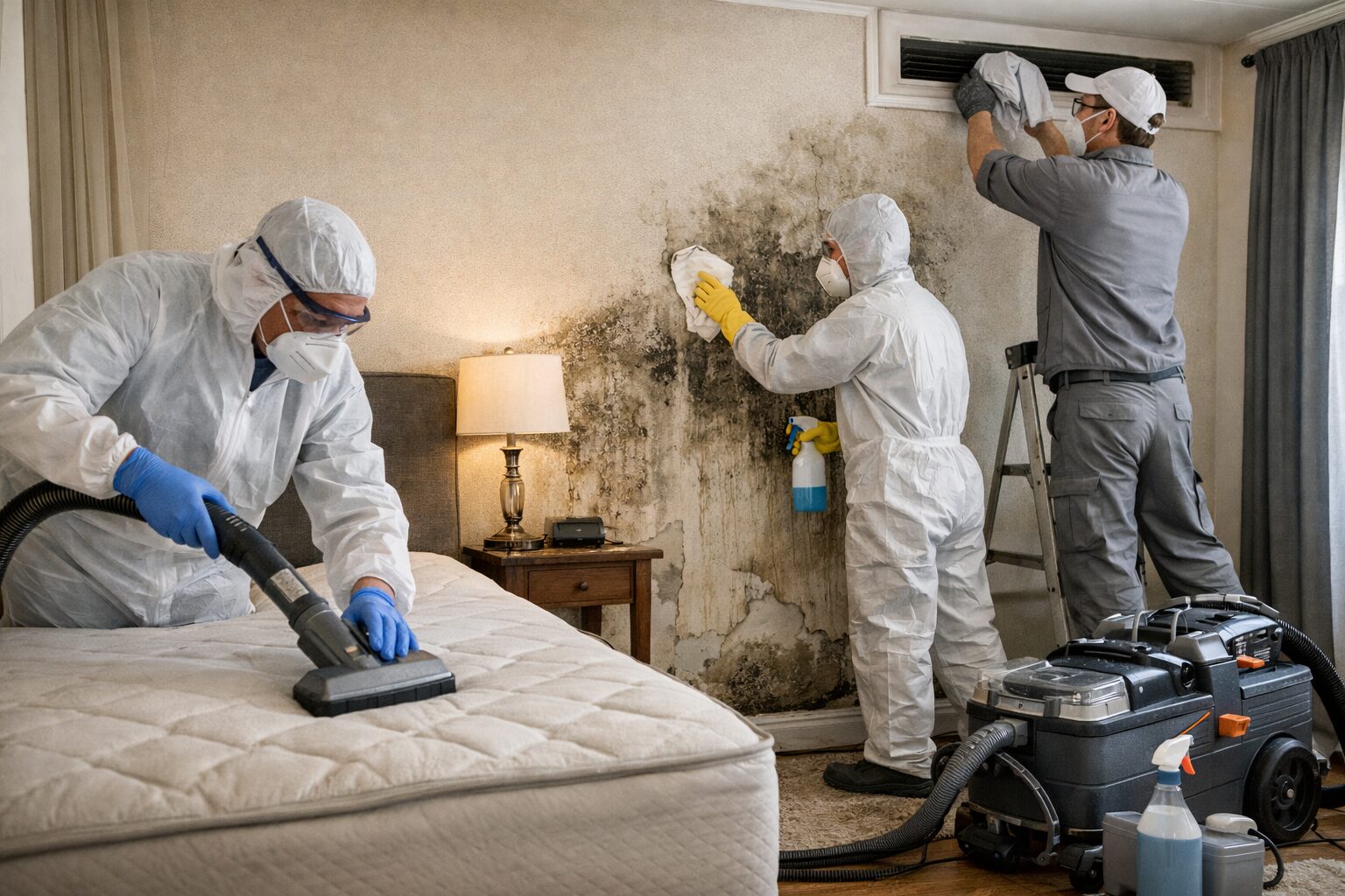 Intervention professionnelle pour réduire les allergènes, acariens et spores dans une chambre après remise en état avec nettoyage du matelas, du mur et de la ventilation