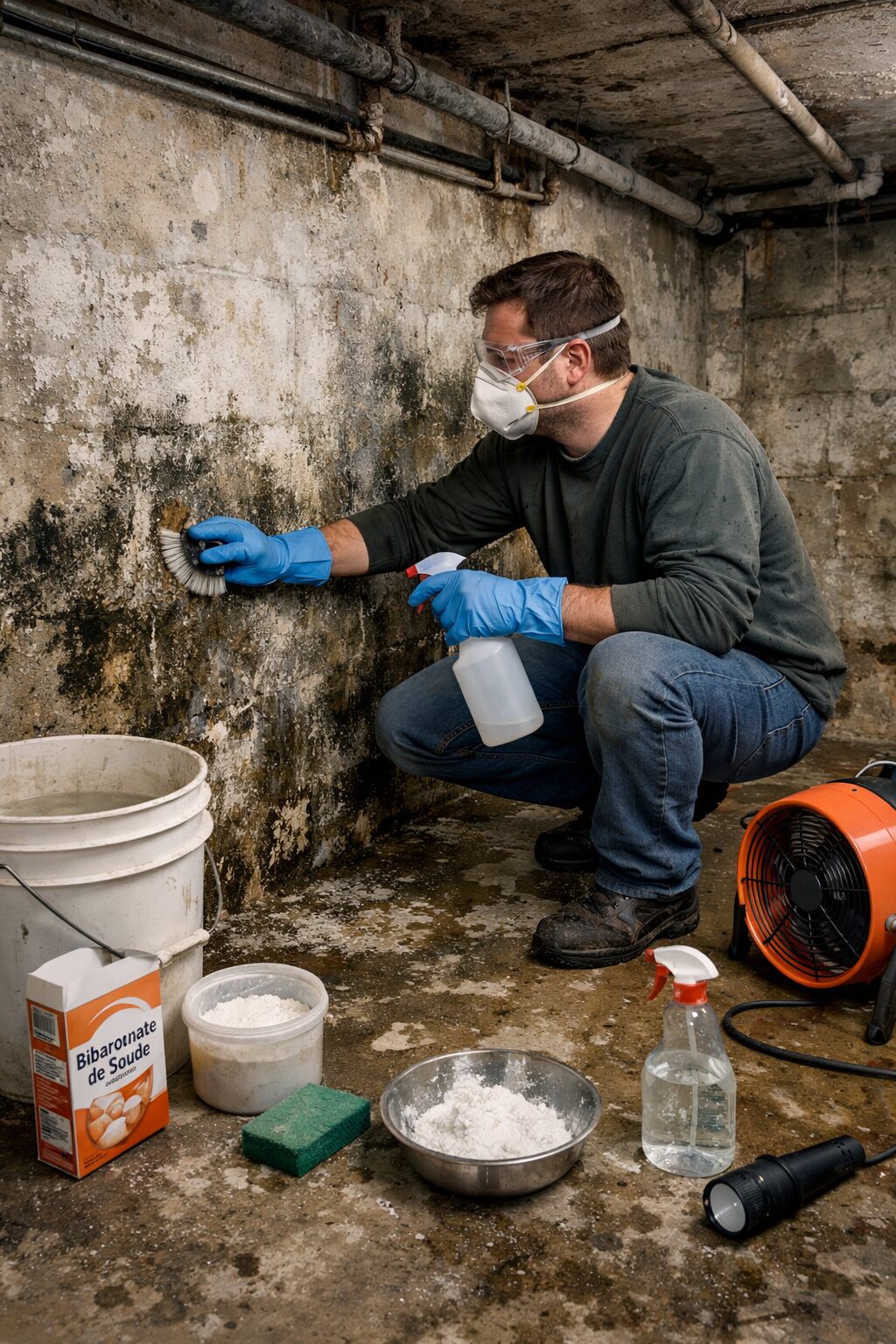 Nettoyage d’une cave moisie avec odeur persistante sur un mur humide sans refaire tout le bâti