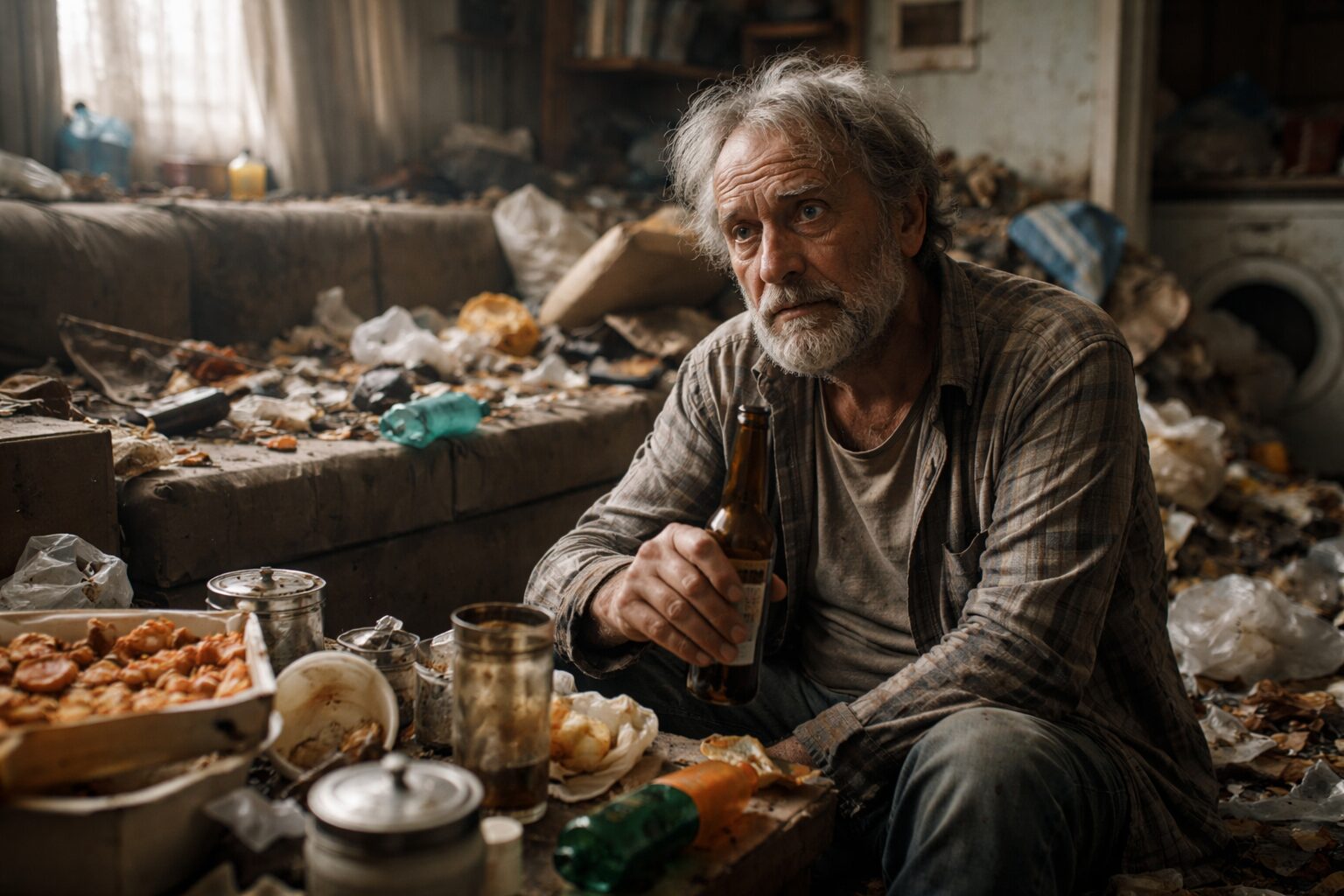 Homme assis dans un logement en état d’incurie illustrant les conséquences du syndrome de Korsakoff sur l’entretien du domicile