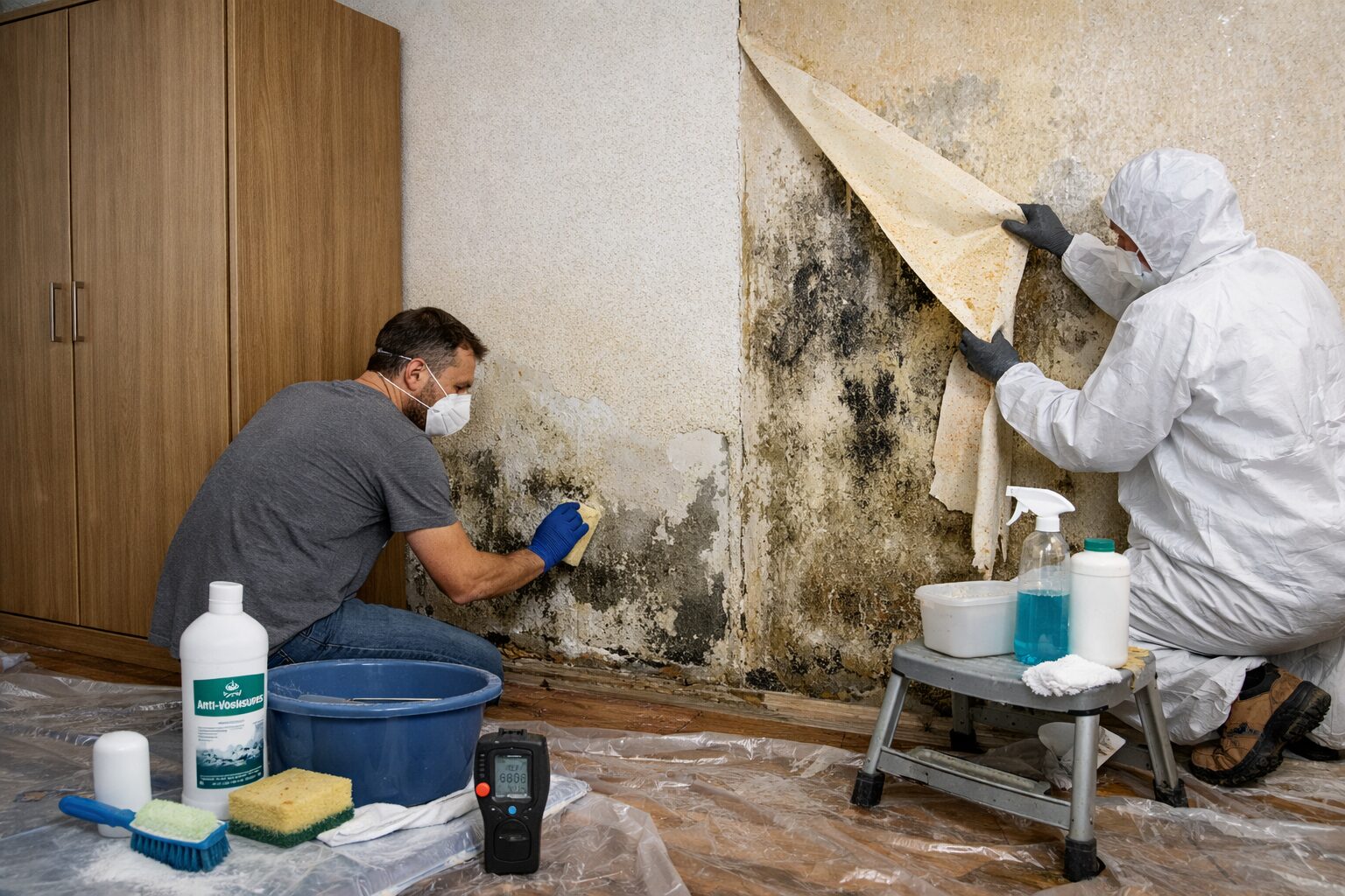 Traitement de l’humidité et des moisissures derrière un meuble et sous un papier peint décollé sur un mur intérieur