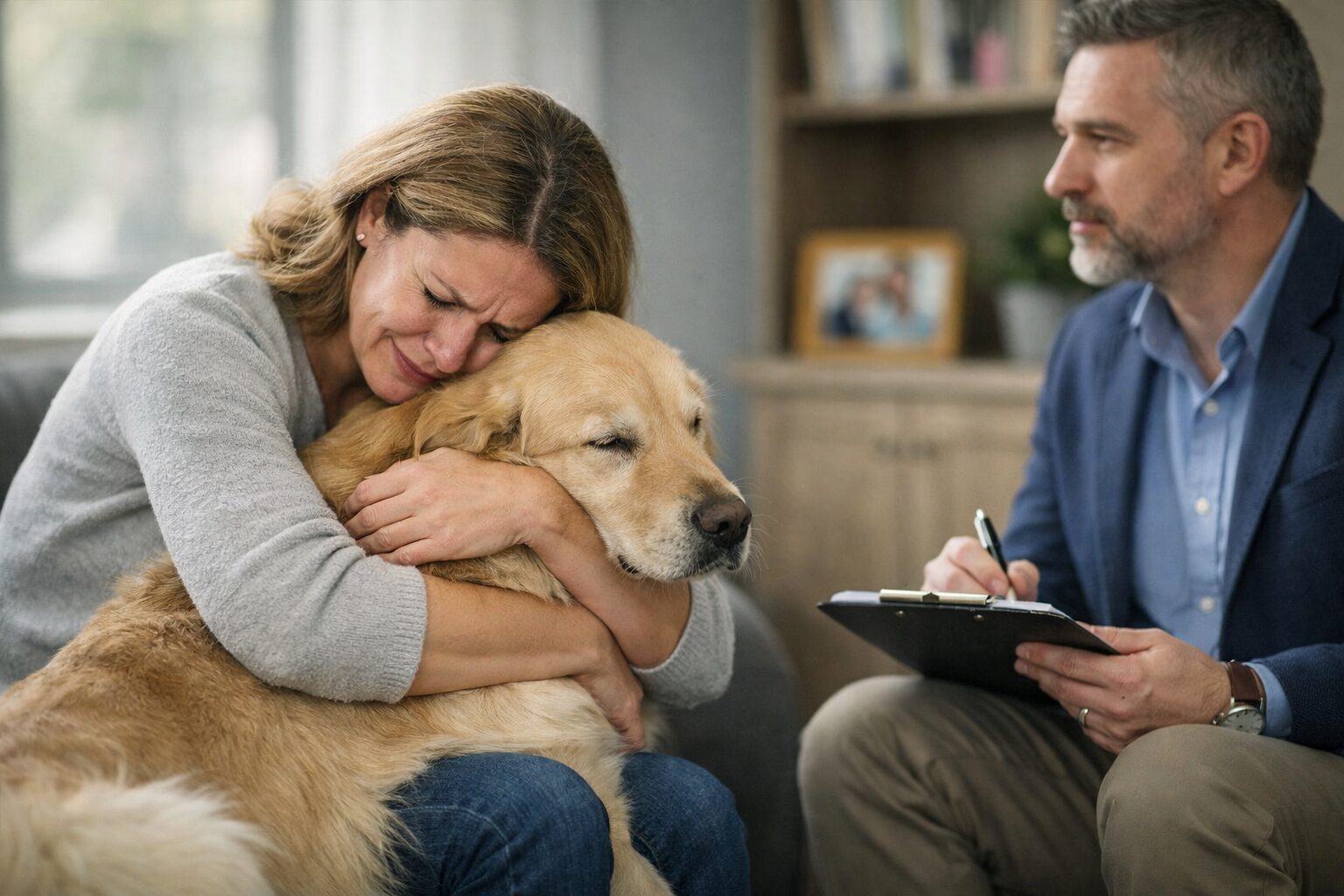 Patiente en séance de thérapie serrant son chien contre elle pour illustrer l’attachement fusionnel aux animaux et la compensation d’un vide relationnel