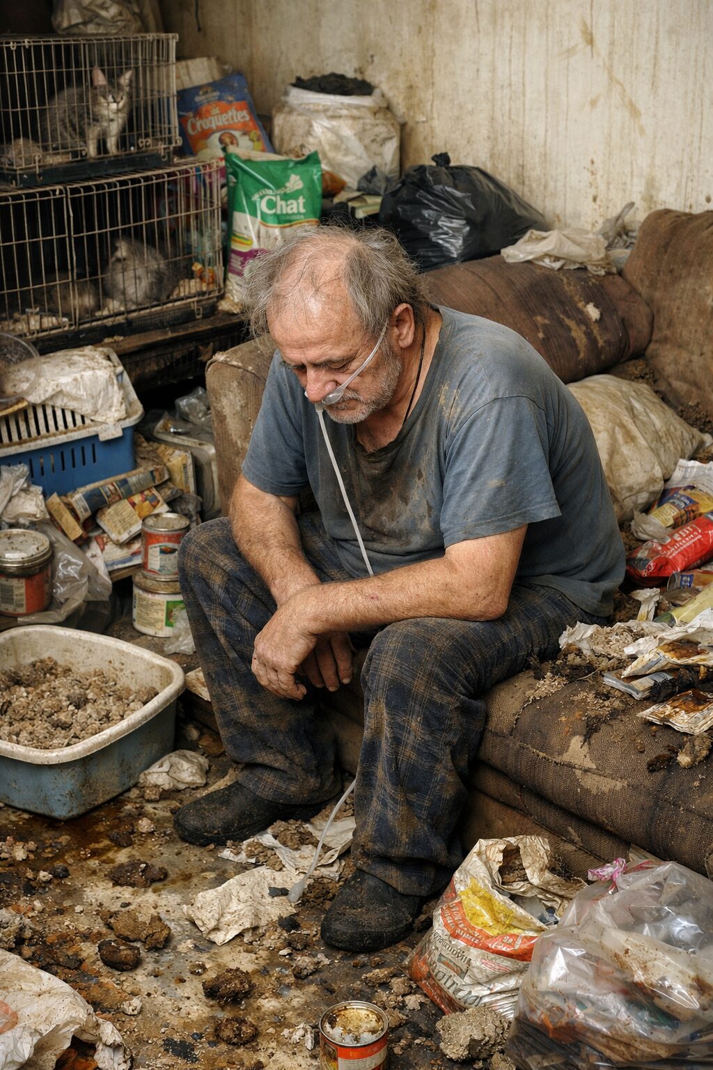 Patient assis dans un logement insalubre encombré de cages, litières souillées, sacs de nourriture et déchets, illustrant l’impact sanitaire d’un environnement saturé.