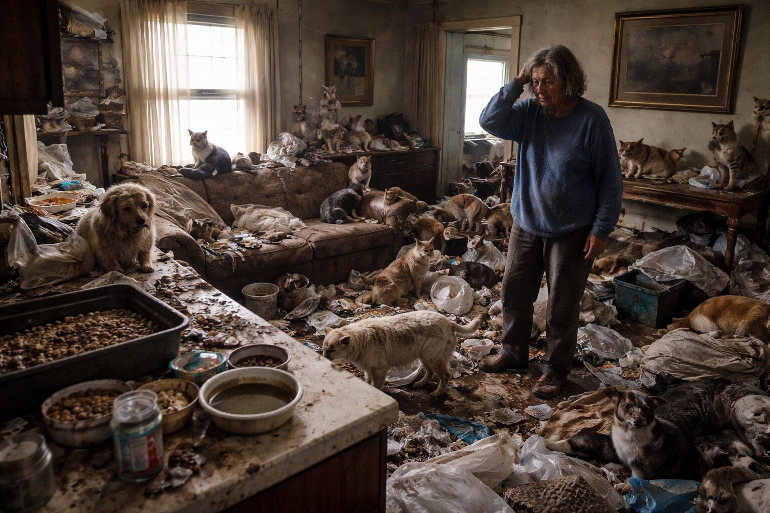 Patiente dans un logement insalubre envahi par de nombreux animaux, illustrant la perte de repères sur leur nombre réel et leur état de santé.