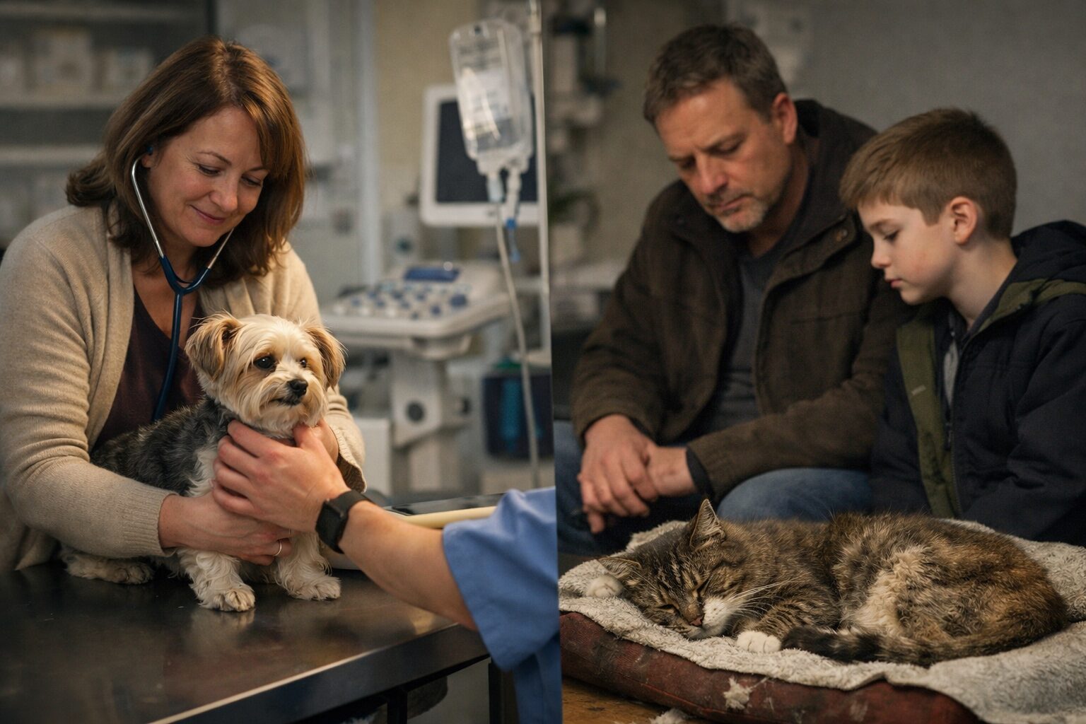 Dans une clinique vétérinaire, un chien reçoit une attention médicale prioritaire tandis qu’un chat visiblement souffrant reste en retrait, illustrant l’inégalité de prise en charge entre animaux d’un même foyer.