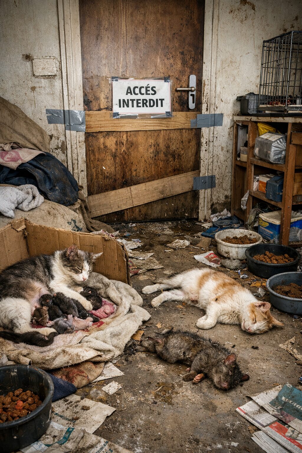 Scène illustrant un logement insalubre associé au syndrome de Noé, avec animaux négligés, mises bas répétées et zone fermée du domicile.
