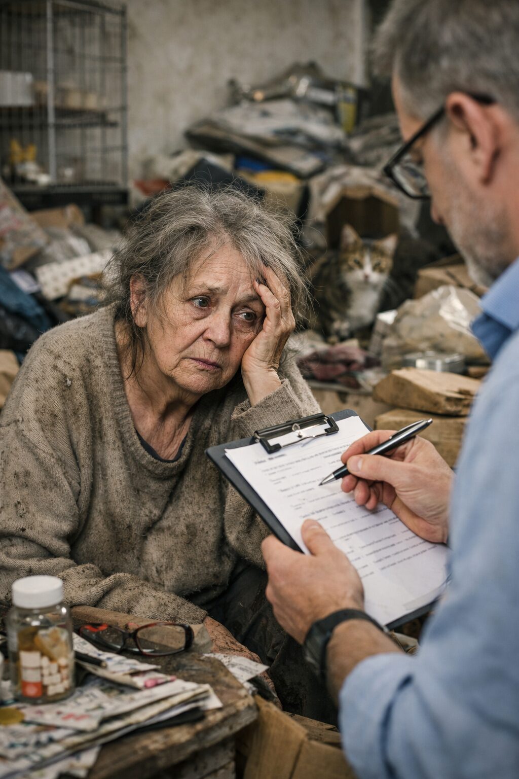 Femme âgée vivant dans un logement insalubre avec accumulation d’objets et présence d’un chat, évaluée par un professionnel dans le cadre d’un syndrome de Noé sévère