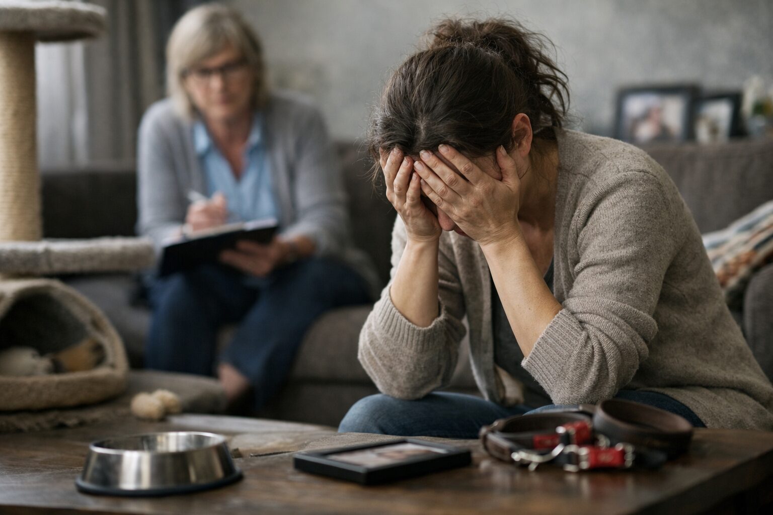 Femme en détresse psychologique après le retrait de ses animaux, accompagnée par une thérapeute dans un salon