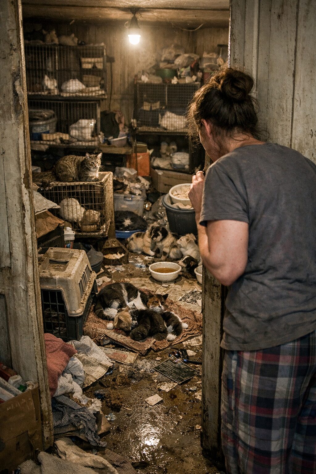 Pièce cachée dans un logement insalubre avec de nombreux chats, illustrant un syndrome de Noé et une reproduction incontrôlée d’animaux.