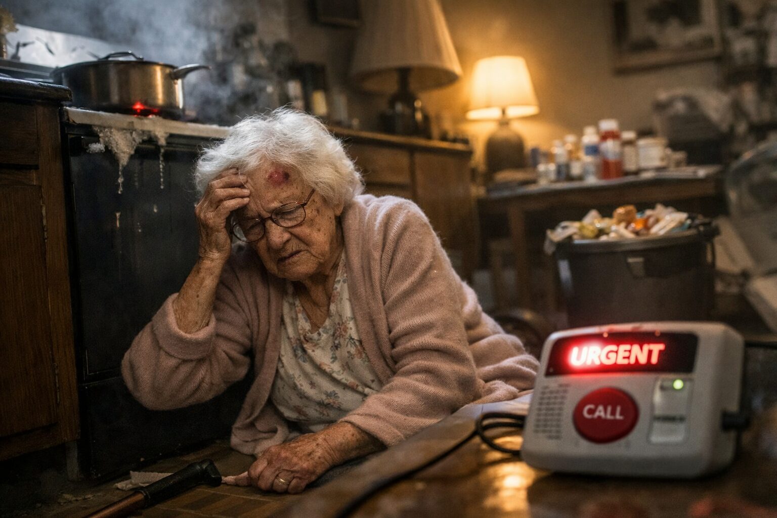 Personne âgée en situation de chute à domicile dans un environnement à risque, illustrant les dangers immédiats d’un maintien à domicile non sécurisé
