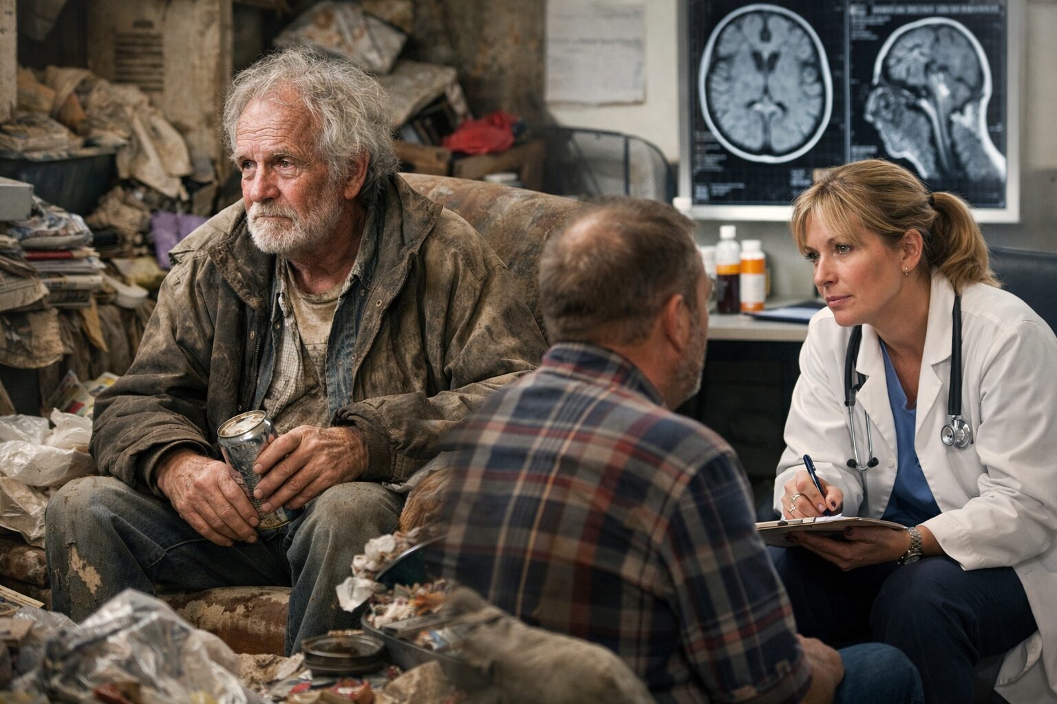 Patient âgé vivant dans un logement insalubre, évalué par un médecin dans le cadre d’un diagnostic différentiel entre incurie de type Diogène, pathologie neurologique et trouble addictif