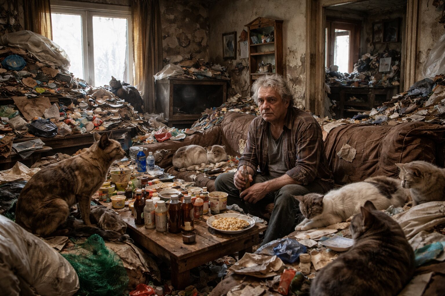 Domicile insalubre d’un patient complexe avec accumulation d’objets, nombreux chats et forte désorganisation évoquant des signes de syndrome de Diogène, de syndrome de Noé et de syndrome de Korsakoff.