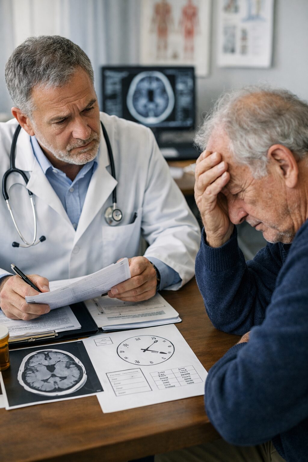 Consultation médicale entre un médecin et un patient âgé pour évaluer l’aggravation d’un trouble psychique par le déclin cognitif ou l’alcoolisation chronique