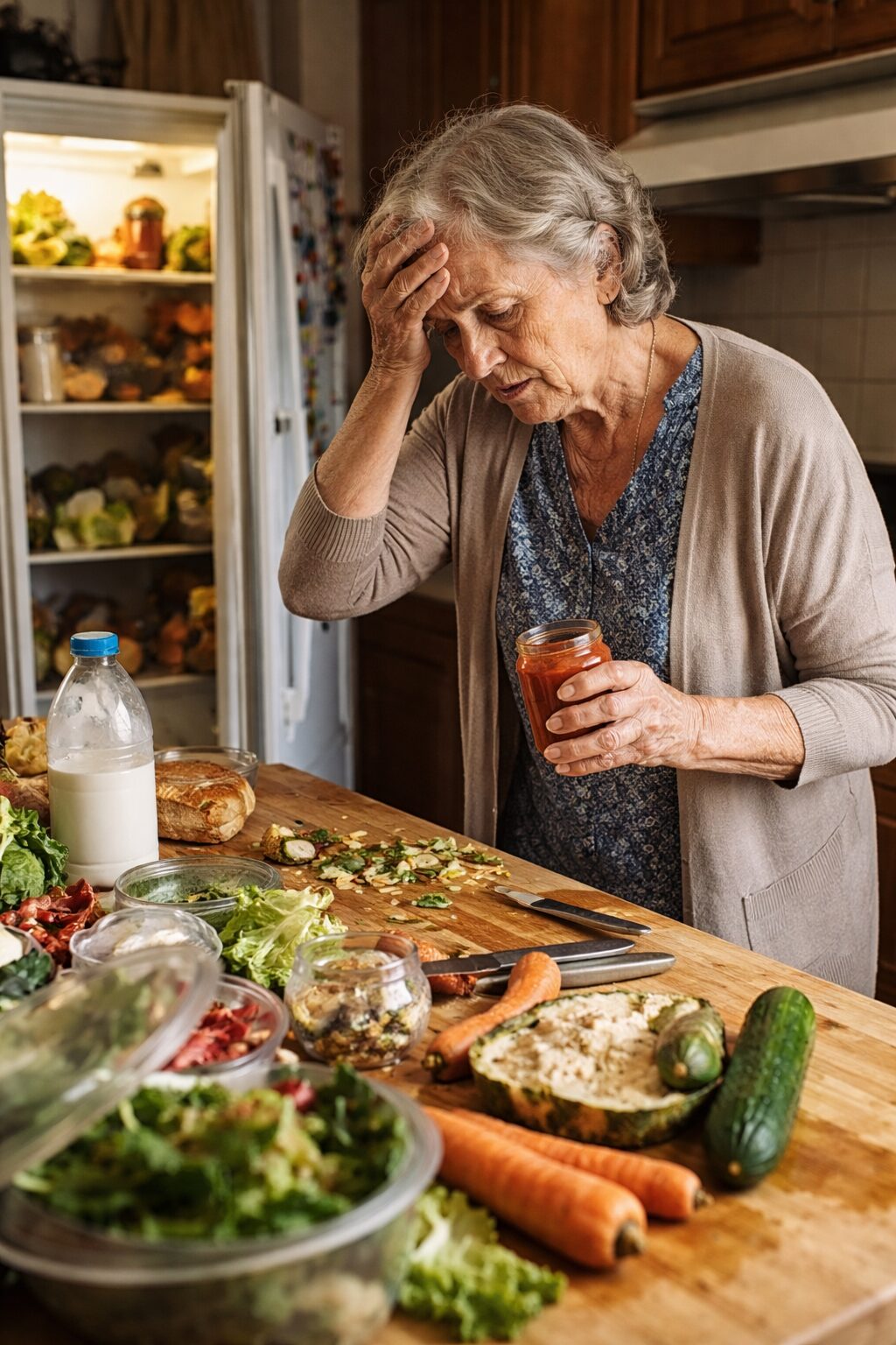 Personne âgée en difficulté dans sa cuisine, avec aliments à conserver et préparation de repas compliquée, illustrant la perte d’autonomie alimentaire et le risque de déshydratation.