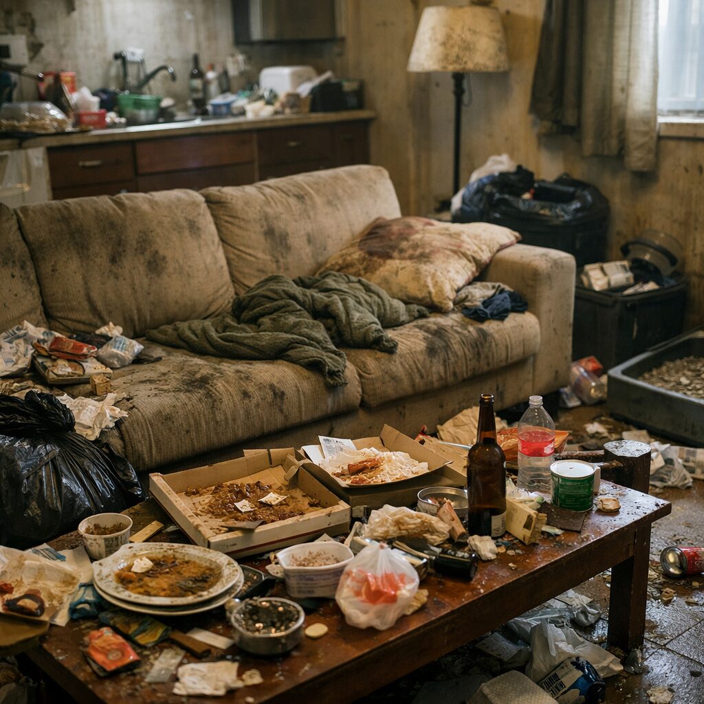 Salon insalubre avec déchets au sol, table encombrée et canapé taché illustrant un logement vécu comme une intrusion