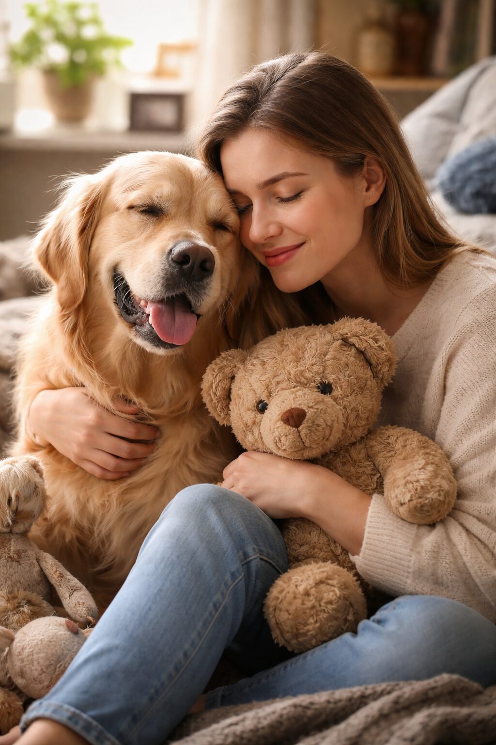 Femme serrant un chien golden retriever et un ours en peluche, illustration réaliste du lien entre objet réconfortant, animal de compagnie et équilibre émotionnel