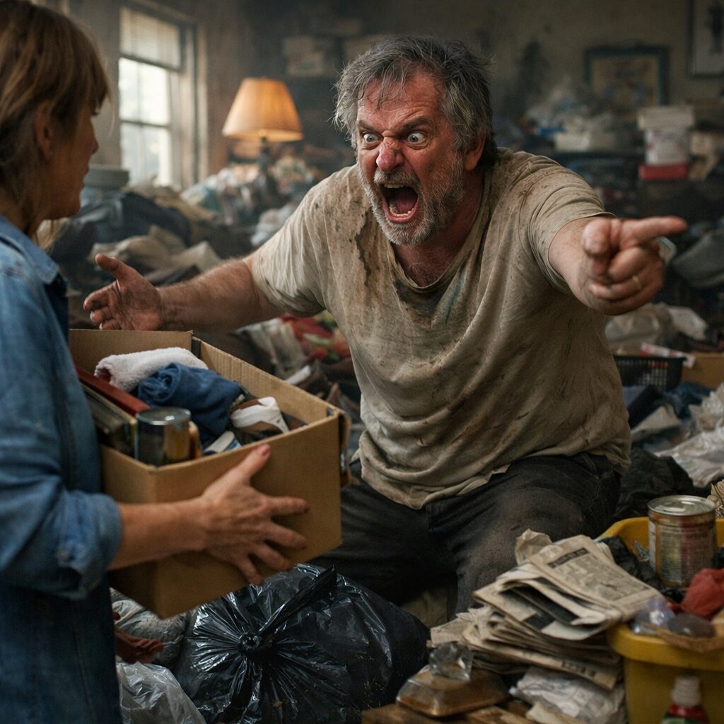 Personne atteinte du syndrome de Diogène réagissant avec panique et agressivité pendant une opération de tri dans un logement très encombré