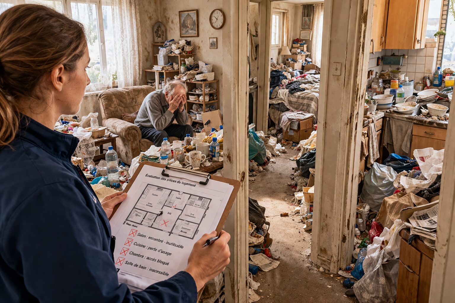 Logement encombré et insalubre illustrant la perte d’usage des pièces chez un patient en incurie