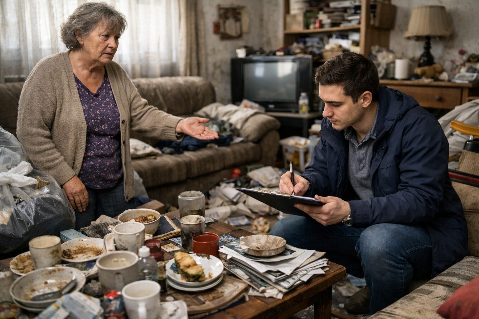 Personne âgée dans un logement encombré pendant une évaluation des signes d’incurie et de négligence familiale