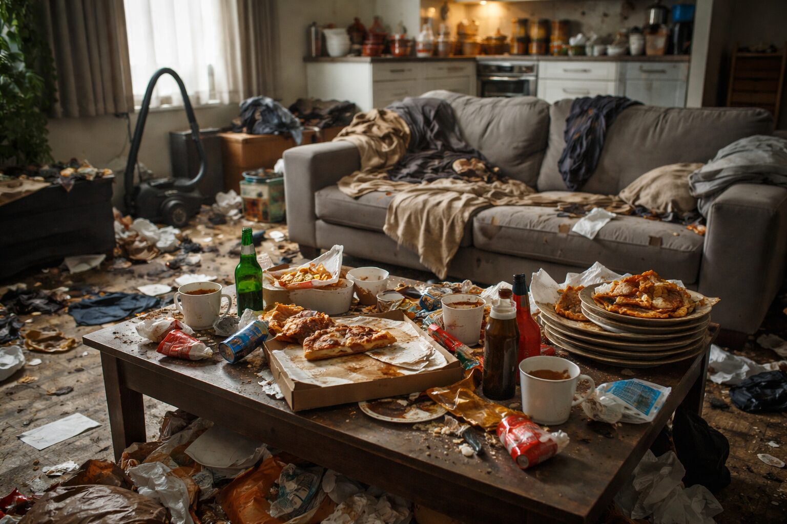 Salon encombré et sale montrant la rechute rapide de l’incurie après un nettoyage dans un logement insalubre